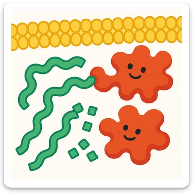 Ultra-detailed scientific illustration of enzyme digestion: Red amylase molecules (3D, globular protein structure) breaking down green starch polymers (chain of glucose units) into maltose near a yellow phospholipid bilayer membrane. Macro molecular view, clean white background, no text, no human figures or cartoon characters. Purely biological focus. sticker