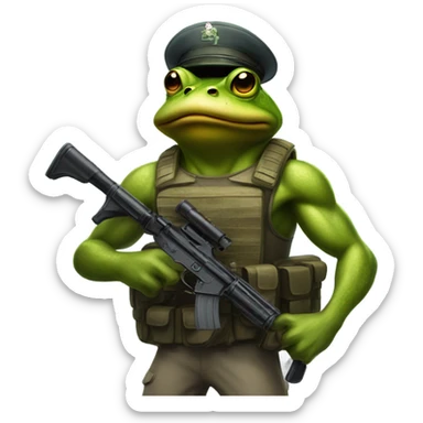 Buff frog with an army helmet and gun sticker