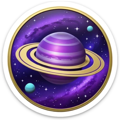 a space-themed coin with a purple saturn on it sticker