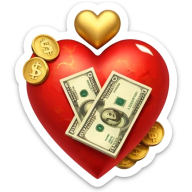 "Realistic HD red heart fused with cash and gold elements, heart seamlessly blended with money textures and molten gold details, dramatic warm glow, luxurious but clean, white background." sticker