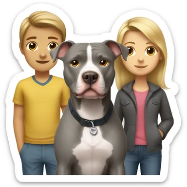Gray Pitbull standing with brown-haired boy and blonde girl sticker