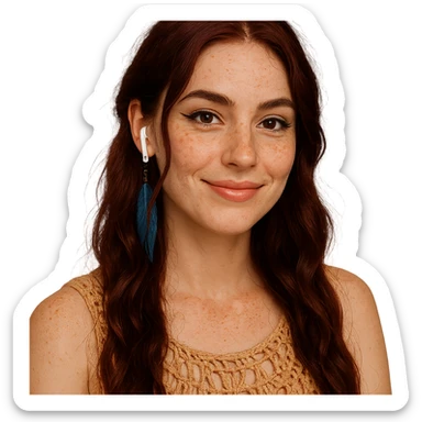 A young woman with fair skin and light freckles, oval face, defined cheekbones, soft jawline, warm expression. Large almond-shaped hazelnut brown eyes with bold black eyeliner, thick slightly arched eyebrows. Long, deep dark red wavy hair with warm undertones, two loose strands framing her face. Wearing AirPods, handmade woven boho top in beige, ecru, or terracotta. One long blue feather earring in one ear, small nose piercing on right side. Smiling, creative, bohemian, and modern style. sticker