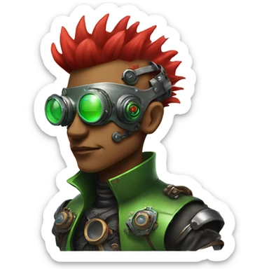 Male cyborg with thin red Mohawk and green steampunk goggles sticker