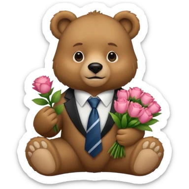 A bear sitting down wear a tie and holding a 💐 sticker