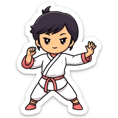 lightskin young girl with black straight hair and dark eyes, taichi stance, outdoor setting sticker