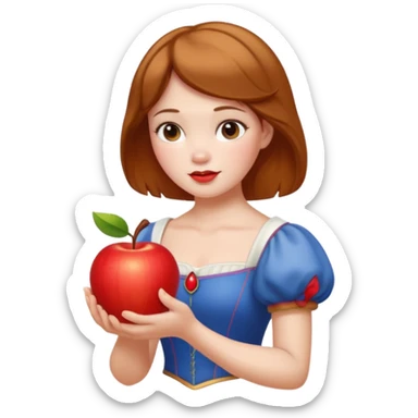 Create an emoji of Snow White holding a red apple, with short golden-brown hair. sticker