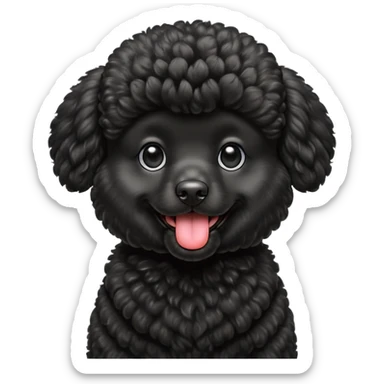 A high-resolution square-format digital illustration of a black poodle in a clean, emoji-inspired semi-realistic style. The poodle is shown from the chest up, facing forward with a slight tilt of the head to the left, tongue out playfully. sticker