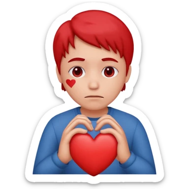 A red emoji that is sad and has a hand making a heart sticker