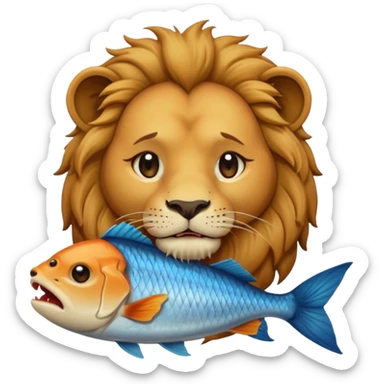  A lion eating a fish, feeling sad, cry, portrait, bust up sticker