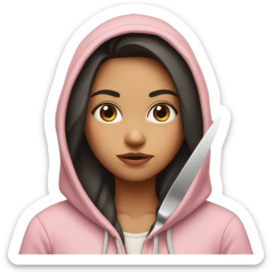 Girl with long dark hair in a light pink hoodie with a serious face holding a butter knife sticker