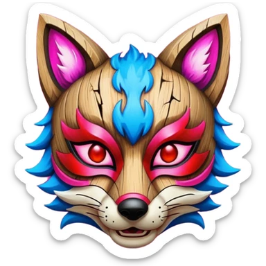 Ancient wooden mask, split in half, luminous and neon with red, blue and pink fox-like glow. sticker
