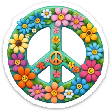 A round hippie colored button with a peace sign and flowers in the center sticker