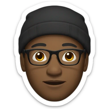 Light skinned black man with small eyes wearing glasses, a black cap, and a hoodie sticker