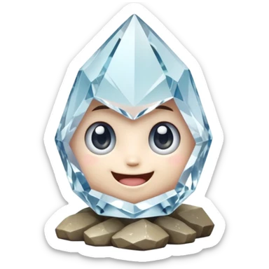 A single cute crystal rock character inspired by a clear quartz cluster, chunky round base with many tall transparent crystal spikes growing upward all around it, faceted and slightly imperfect, on the front of the base a big kawaii face with large glossy eyes and a wide happy smile sticker