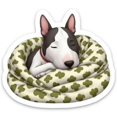 bull terrier sleeping cozy with blanket black head and eats sticker