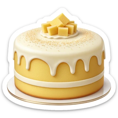 Cinematic Realistic Simple Vanilla Cake, a perfectly baked golden sponge with soft, airy layers, delicate vanilla frosting smoothly spread across the top, tiny flecks of vanilla bean visible, warm golden lighting creating depth, glowing with a sweet, irresistible charm. sticker