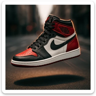 “A high-resolution image of an iconic Air Jordan sneaker floating in mid-air with dramatic lighting, shadow underneath, glowing edge highlights, bold red, black, and white color scheme, urban street background blurred, sharp focus on the shoe, cinematic depth of field, dynamic angle with motion lines, premium sneaker ad style.” sticker