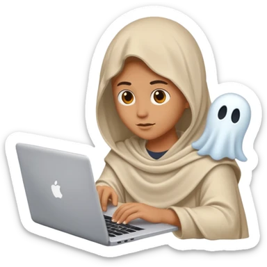 Create an emoji where an ungender person sits in front of the desk, designing ghost characters on laptop. Please refer to the attached image for ghost characters. sticker