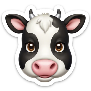 Cinematic Cute Black and White Cow Portrait Emoji, Head tilted playfully and inquisitively, featuring a glossy, contrasting coat of black and white, round, sparkling brown eyes filled with gentle curiosity, Simplified yet irresistibly adorable features, highly detailed, glowing with a warm, friendly glow, high shine, affectionate and serene, stylized with a touch of contemporary charm, bright and endearing, soft glowing outline, capturing the essence of a mischievous yet loving cow, so playful it feels like it could moo out of the screen and into your arms! sticker