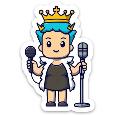 A rock and roll queen with a crown, microphone, and punk rock attitude sticker