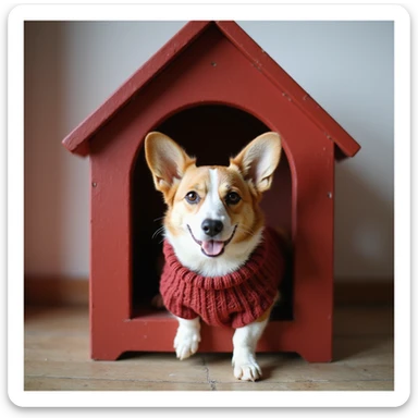 realistic red dog house with a Corgi dog inside, Corgi with a sweater, photorealistic style sticker