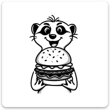 a meerkat face holding a burger in front of it, hand drawn doodle style sticker