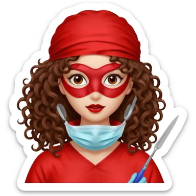 Lilith symbol seductress long curly hair evil surgeon.  brown hair. Red surgical mask and hair covering. She works for cartel and kills  with a scalpel. sticker