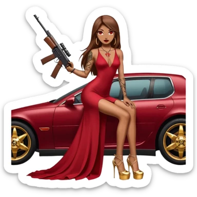 Lilith tan skinfemale red eyes symbol. Tattoo arms. Her hair is brown straight long hair.wearing sexy long ruby covered dress with slit. black stiletto thick platform high heels shoes on. Sitting on gold giant luxury car with cash on her. She is holding a sniper rifle in one hand cash in other hand sticker