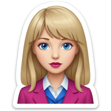 Woman with long dark blond hair and bang, blue eyes, raspberry lip, with classy clothe emoji sticker