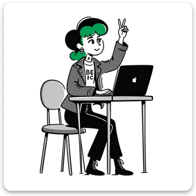Alternative rocker girl with green and black hair, nose ring, neck tattoo, wearing combat boots and studded leather jacket, confidently raising hand while sitting at desk with laptop in music class sticker