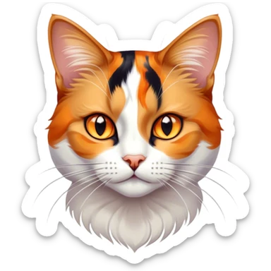 Cinematic Noble Calico Cat Portrait Emoji, Poised and regal, with a striking patchwork coat in vibrant orange, black, and white hues, delicate whiskers and a refined, focused gaze, simplified yet exquisitely detailed, glowing with a soft, moonlit radiance and an air of aristocratic elegance, high shine, exuding dignified intelligence and poised authority, soft glowing outline, capturing the essence of a watchful and noble calico cat that appears ready to grace the screen with effortless majesty! sticker