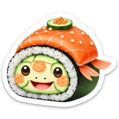 Cute Kawaii California Roll, tiny and round, cute layers of avocado, crab, and cucumber, wrapped in bright orange fish roe, a joyful winking face, tiny sesame seed freckles! sticker