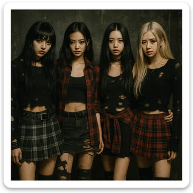 Blackpink in grunge goth style, plaid, ripped clothing, moody attitude sticker