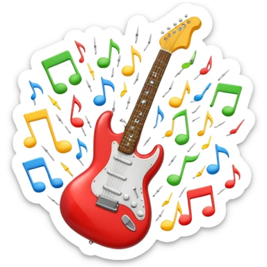 A 3D Apple-style emoji of a bold “ROCK” text written in shiny metallic letters, with an electric guitar leaning on the text, surrounded by small music notes and lightning bolts, energetic and powerful rock music vibe sticker