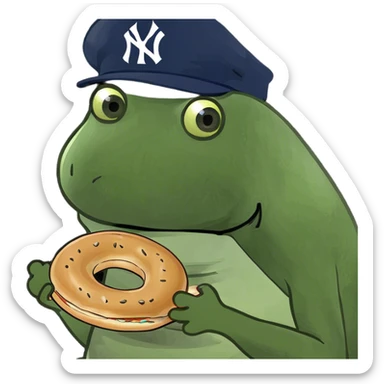 wearing a yankees hat, holding a bagel sticker