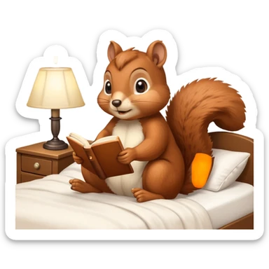 squirrel reading in bed with retro light lamp sticker