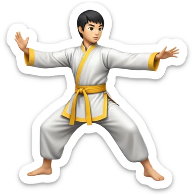 Cinematic Realistic Kung Fu Action Emoji, depicted as an epic martial arts scene with a master executing a precise move in traditional attire, rendered with fluid motion and vibrant textures under dramatic high-contrast lighting. sticker