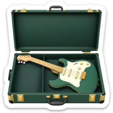 minimalist electric guitar in dark green, closed inside a black rectangular hard case with gold latches, soft matte textures, simplified details, alternate angle sticker