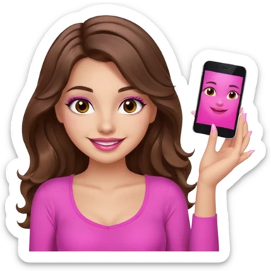 girl with long wavy brown hair, brown eyes, long lashes, sexy pink lips, light to medium complexion, wearing a pink sexy top, smiling, finger tips touching sticker