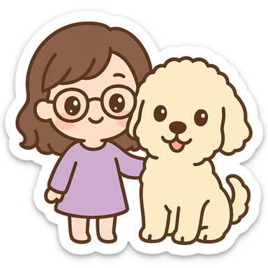 chibi style brunette female with glasses in a purple outfit with her large white or cream colored goldendoodle, both smiling sticker