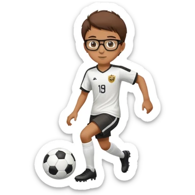 A boy with short brown hair and glasses with soccer kit anf playing soccer sticker