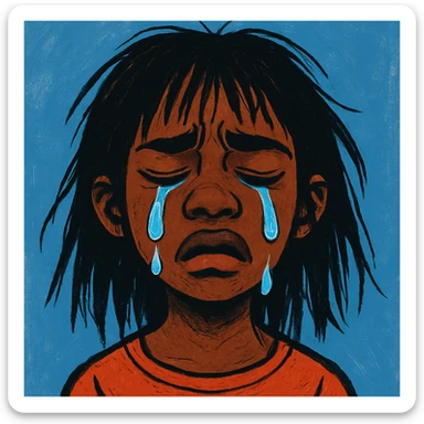 stylized illustration of sad crying black girl with straight messy hair, blue background, visible tears sticker