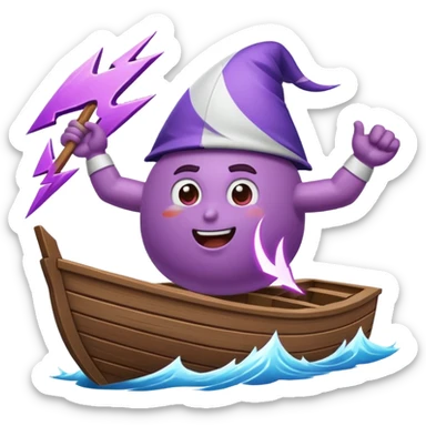 an animated gif emoji of a buff purple lightning bolt sailing away on a boat sticker