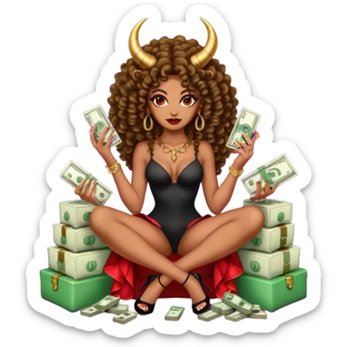 seductress evil brown curly haired sexy drug lord woman with  glitter platform high heels on her feet,  and devil black horns on her head, holding a stack of cash, has a phone in other hand. Sitting on  Cases of drugs. Goddess evil sticker