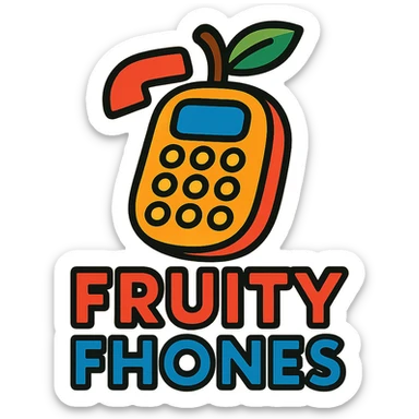 logo for Fruity Fhones, playful, colorful, features a phone shaped like a fruit, suitable for a kids' starter phone brand sticker