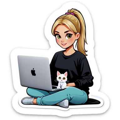 Blonde girl ponytail macBook and a cat sticker