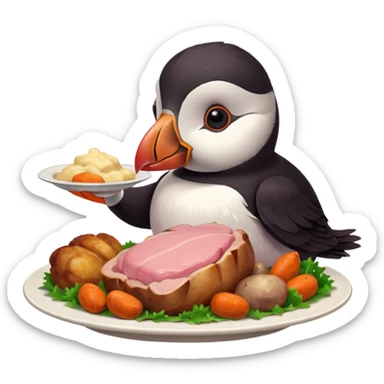 pink puffin that is pink-colored eating roast dinner sticker
