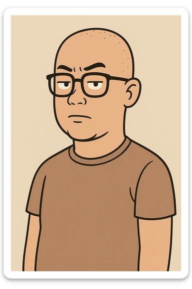cartoon style, skinhead Asian man wearing glasses, neutral expression, simple background sticker