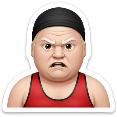 Close-up of white skin fat guy with prominent black durag, completely shaved face, no beard or mustache, black eyes in a red and black wrestling singlet with angry face sticker