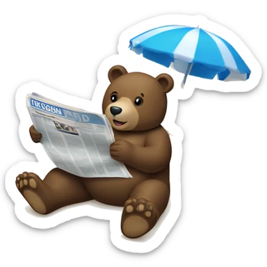 Bear lying on a beach reading a newspaper, blue ocean sticker
